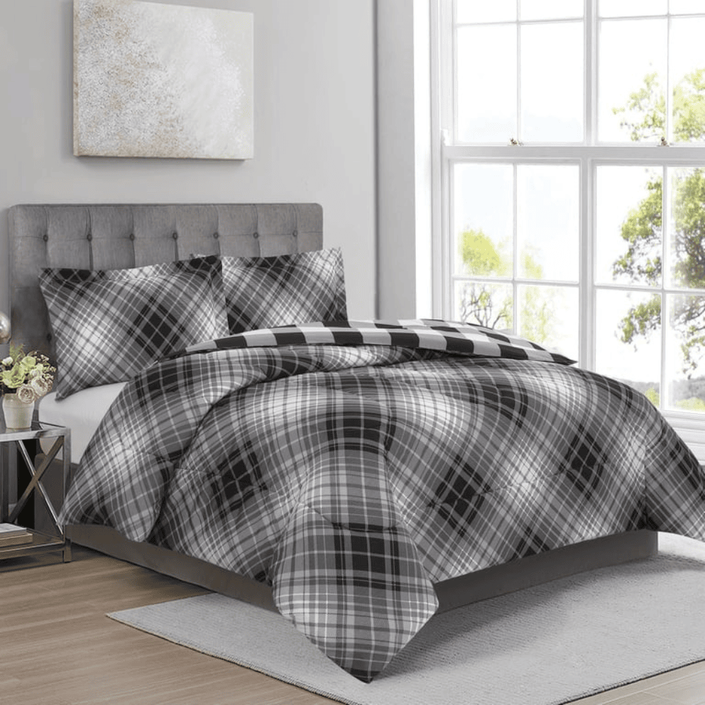 100% Soft Microfiber 3 Pieces Comforter Set for Bedding - Bias Plaid Charcoal Luxury duvet on sale, featuring lightweight warmth and anti-allergy materials for dorm rooms or stylish Airbnb interiors