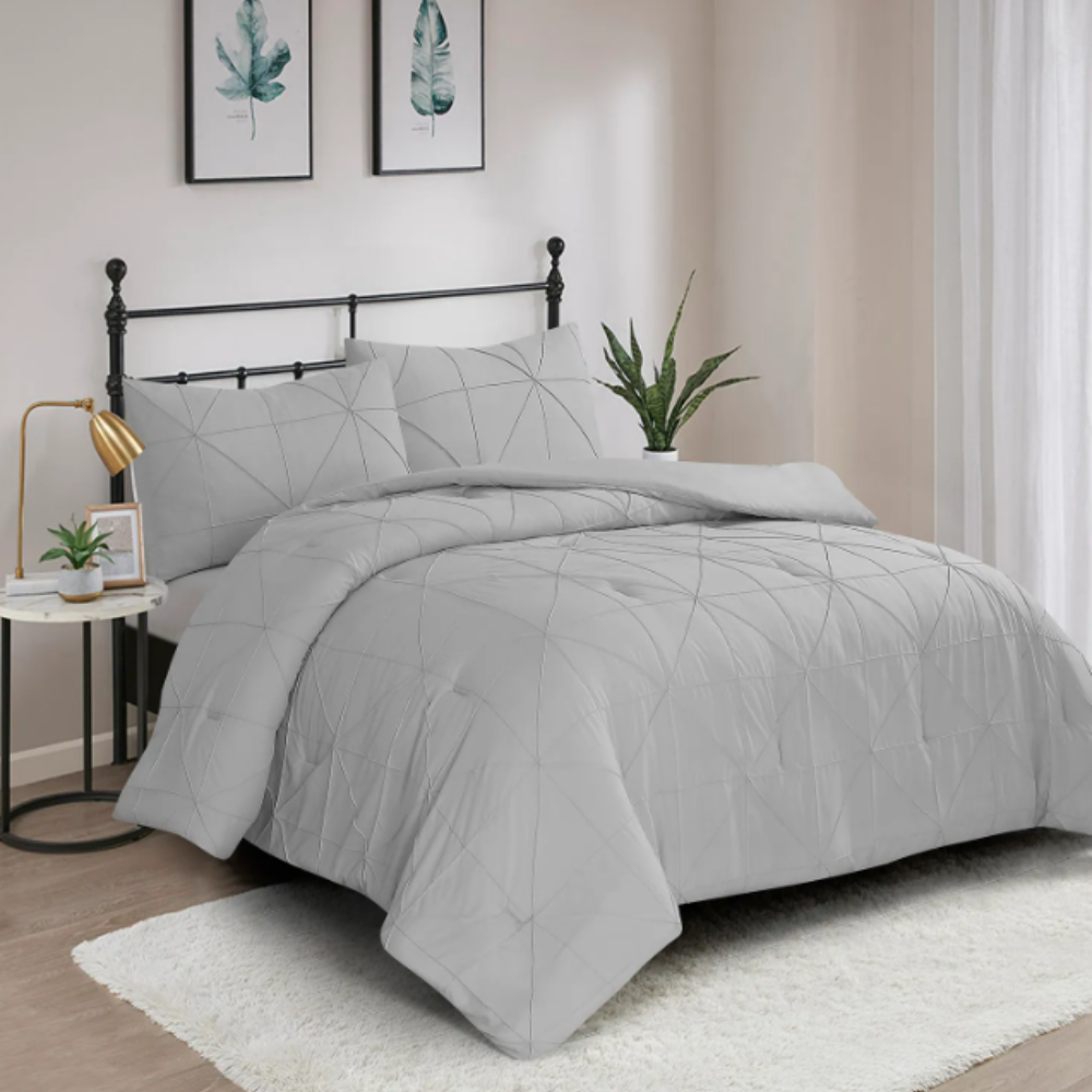 3 Piece Pintuck Comforter Set - Vacuum Pack - Light Grey