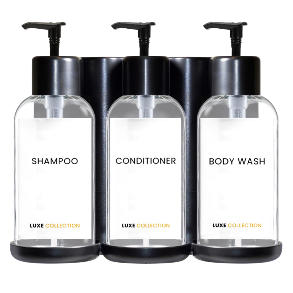 Triple Plastic Amenity Holder Black - Shampoo, Conditioner, and Body Wash (liquid not included)