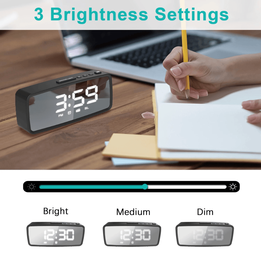 Alarm Clock with FM Radio with 3 brightness settings ( bright, medium, dim).