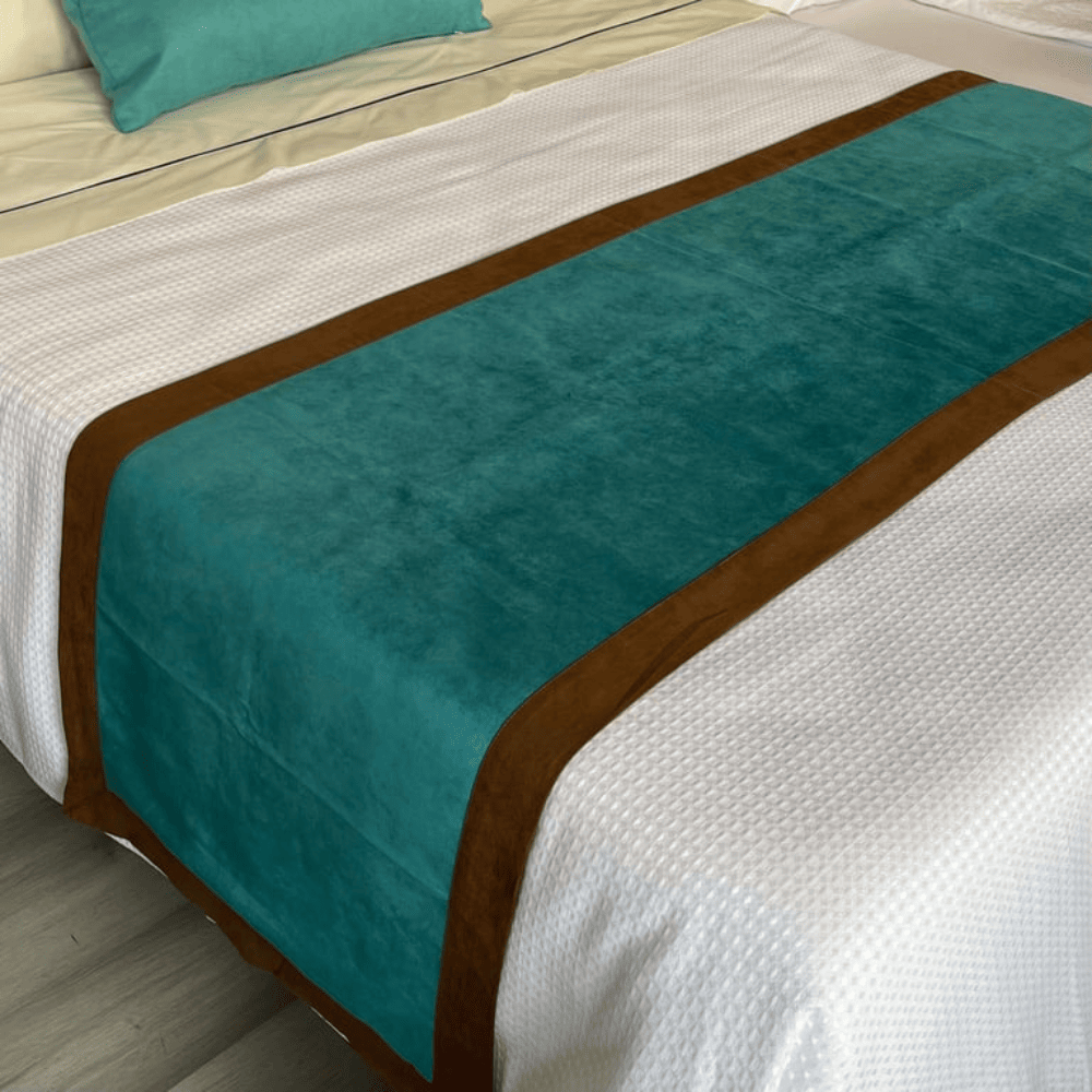 bed scarf/ runner in brown and turquoise Affordable queen-size bed scarf featuring eco-friendly materials and decorative appeal, ideal for 3-star hotel chain guest rooms