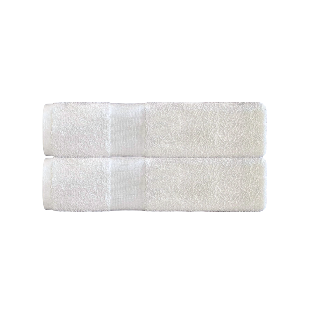 A pair of 2 folded bath towels in white background