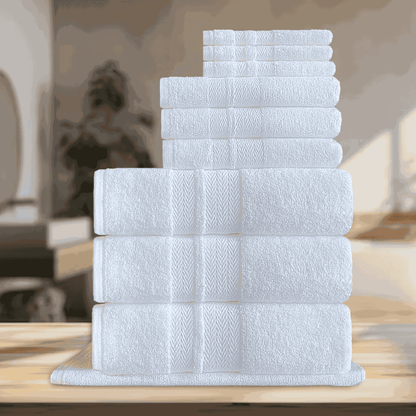 Luxurious wholesale hotel towels designed for Airbnb and B&B settings, offering exceptional softness and absorbency, perfect for elevating washroom experiences. BWG Series - 10 Pc Towel Set