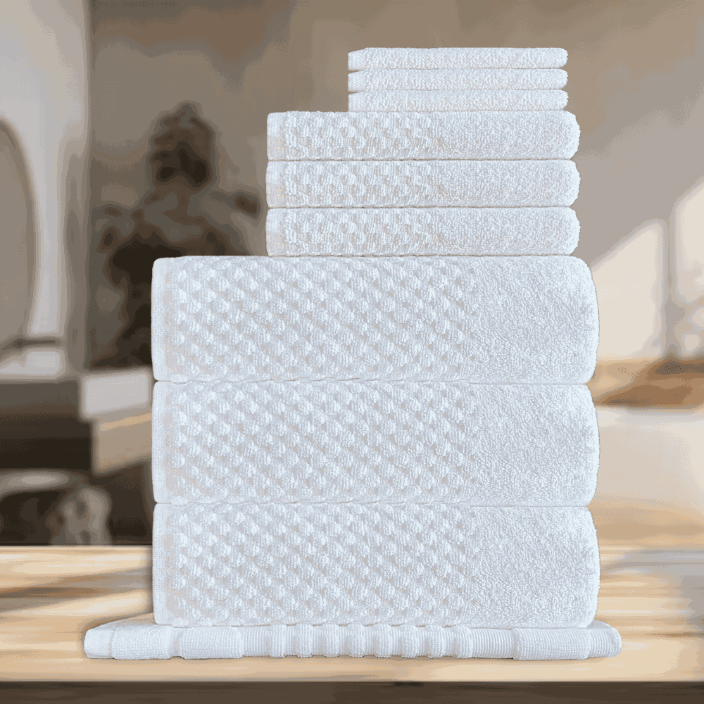 Elegant and functional hotel towels crafted for professional use, providing softness and quick-drying features ideal for high-traffic washrooms in Airbnbs or boutique hotels. DT Series Towel Set - 10 Pc Background