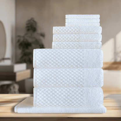 Elegant and functional hotel towels crafted for professional use, providing softness and quick-drying features ideal for high-traffic washrooms in Airbnbs or boutique hotels. DT Series Towel Set - 10 Pc Background