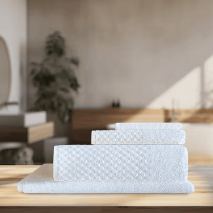 Elegant and functional hotel towels crafted for professional use, providing softness and quick-drying features ideal for high-traffic washrooms in Airbnbs or boutique hotels. DT Series Towel Set - 4 Pc towel set Background