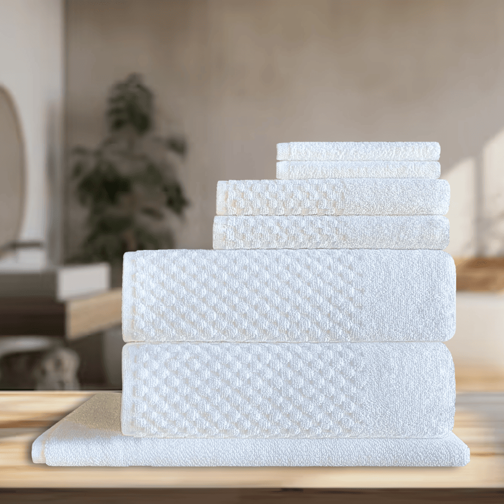 Soft, elegant hotel towels available in wholesale, designed to enhance the look of any washroom in Airbnb and hospitality settings. DT Series Towel Set - 7 Pc towel set Background