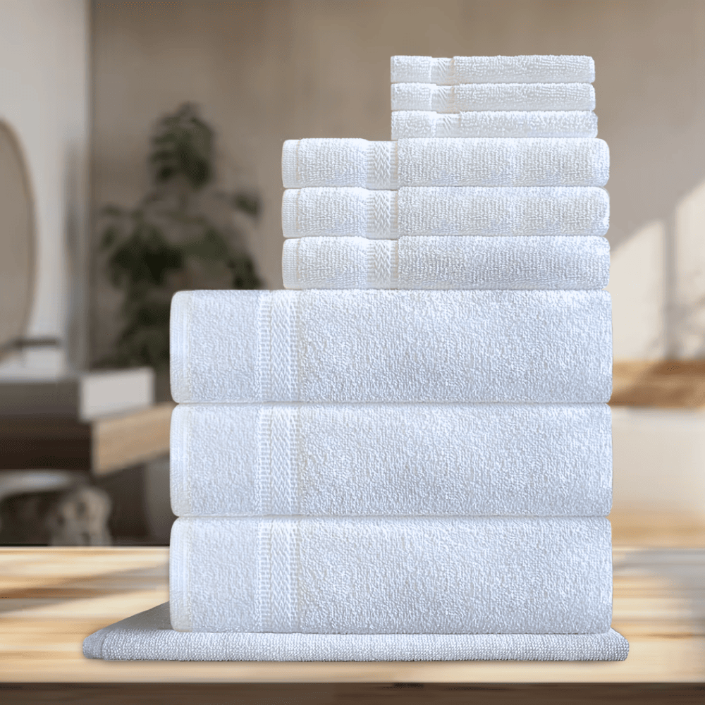 Premium towels made for high-turnover washrooms in hotels and Airbnbs, offering quick-dry functionality and superior comfort for guest satisfaction Ba﻿th Towel (2pcs), Hand Towel (2pcs), Wash Cloth (2pcs)