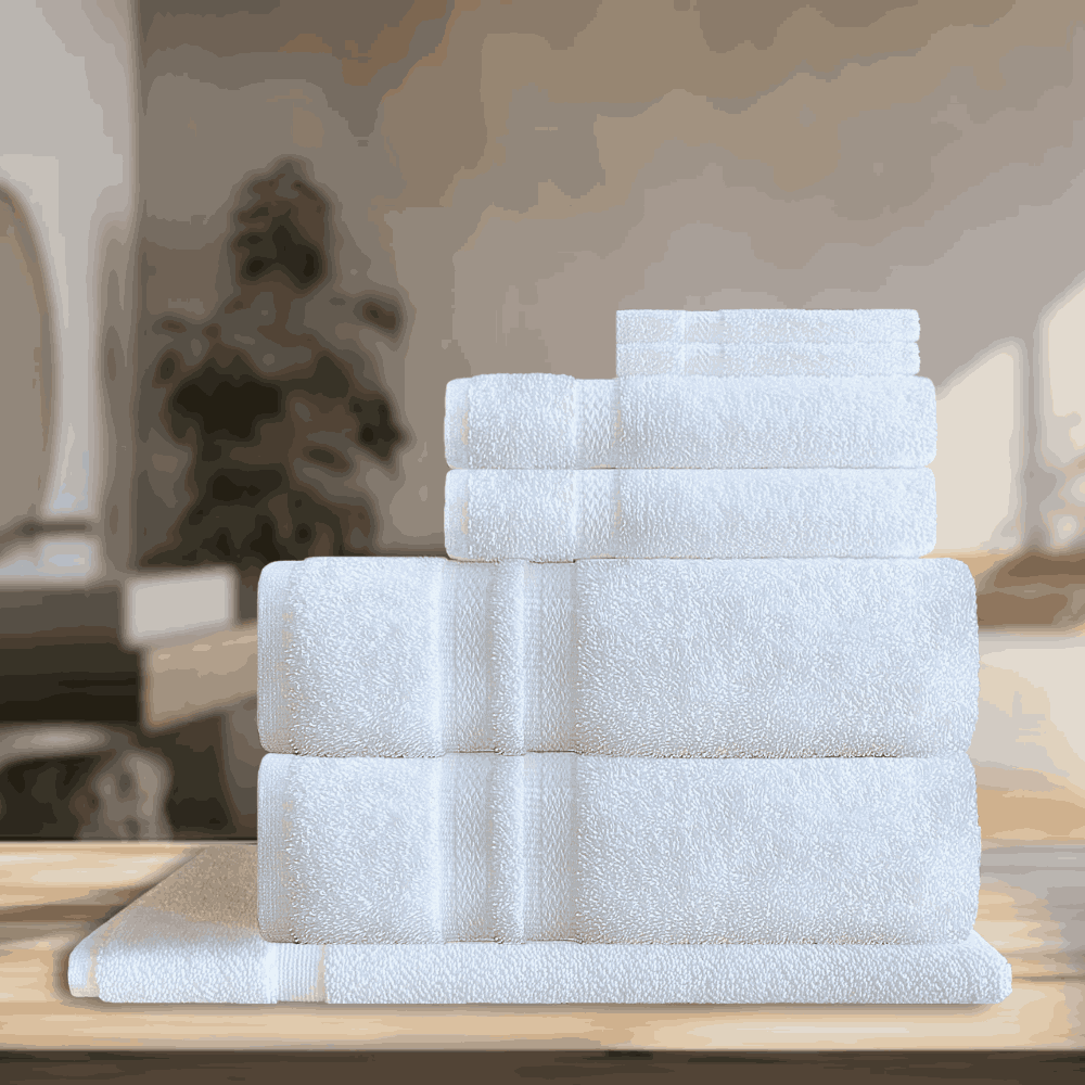  Durable and elegantly styled towels, available wholesale, designed to suit the needs of washrooms in hotels, Airbnbs, and vacation homes Bath Tow﻿el (2pcs), Hand Towel (2pcs), Wash Cloth (2pcs), Bath Mat (1pcs)