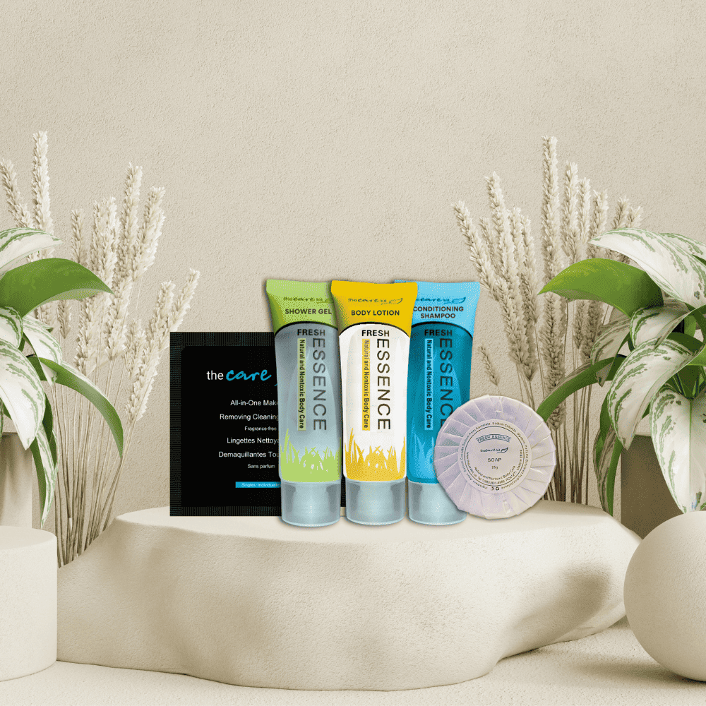 A combo of 5 personal care amenities including shower gel, body lotion, conditioning shampoo, soap and cleaning wipes for removal of the makeup, making it travel friendly. Shown in a different background