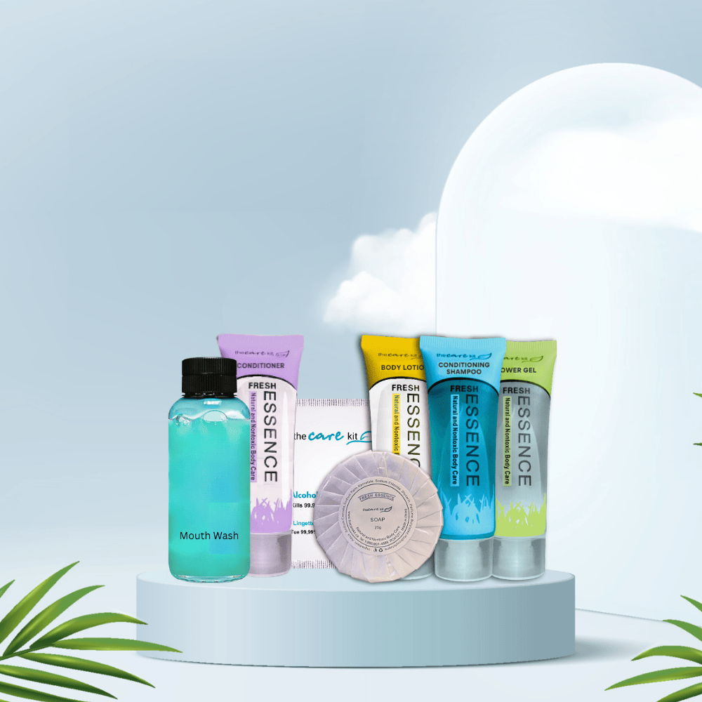 The Care Kit - Fresh Essence - 7 Pc Travel Pack (different background) Deluxe Hotel Amenities - Includes Conditioner, Body Lotion, Conditioning Shampoo, Shower Gel, Soap, Alcohol Sanitizing Wipe, and Mouth Wash