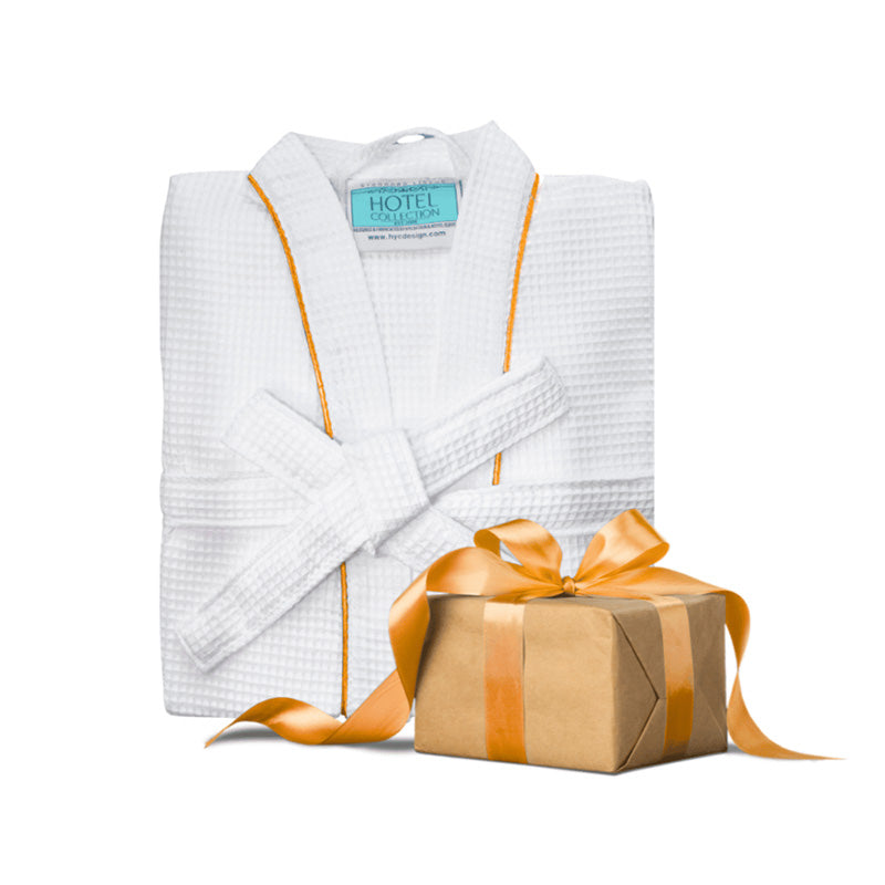 Waffle Kimono Bathrobe with gold stripe and the showing gift package