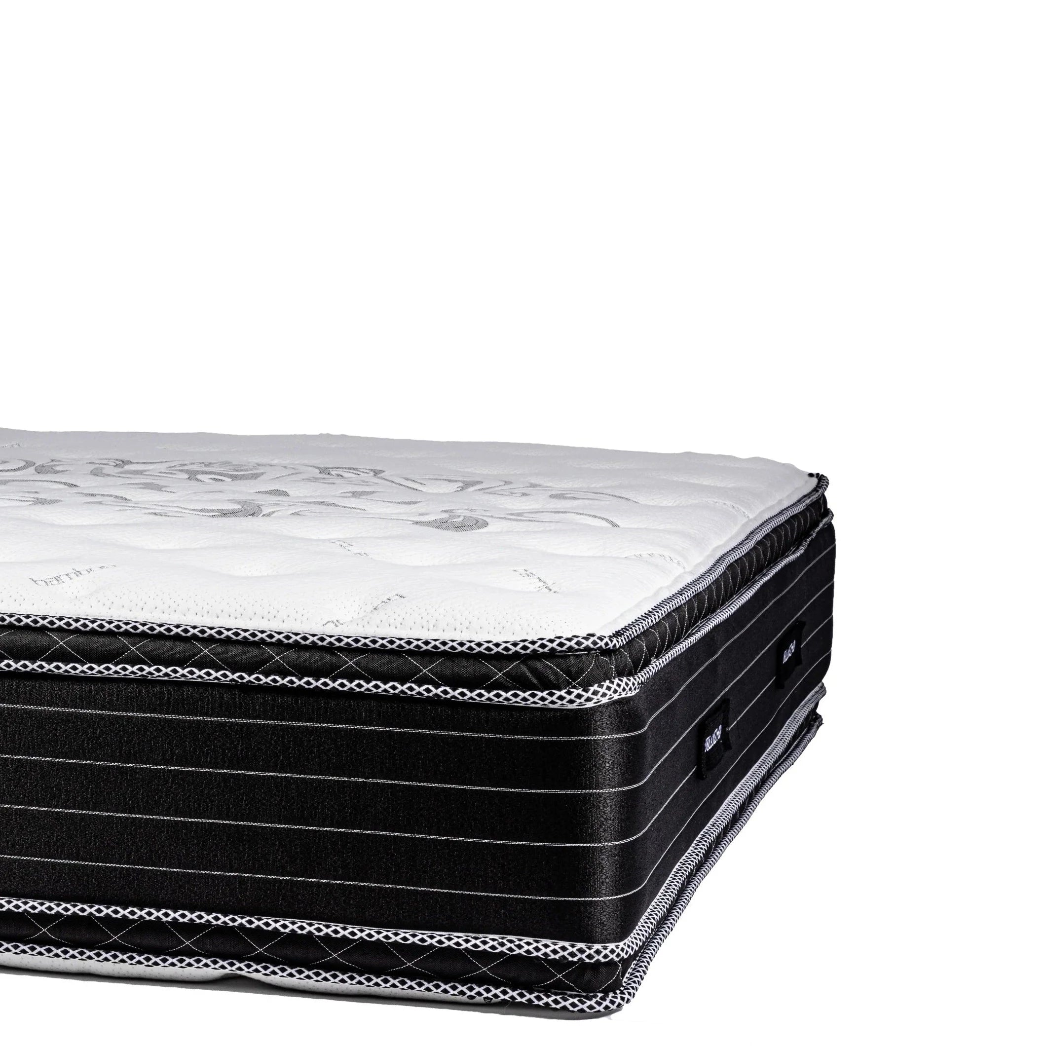 White and black Serenity II Plush Mattress  close view at HYC Design