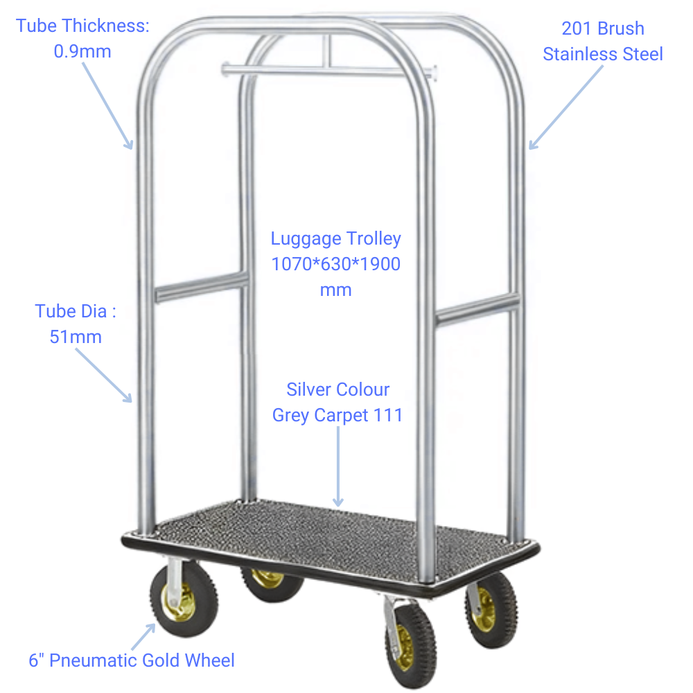 Elegant Stainless Steel Bellman Cart with Grey Carpet