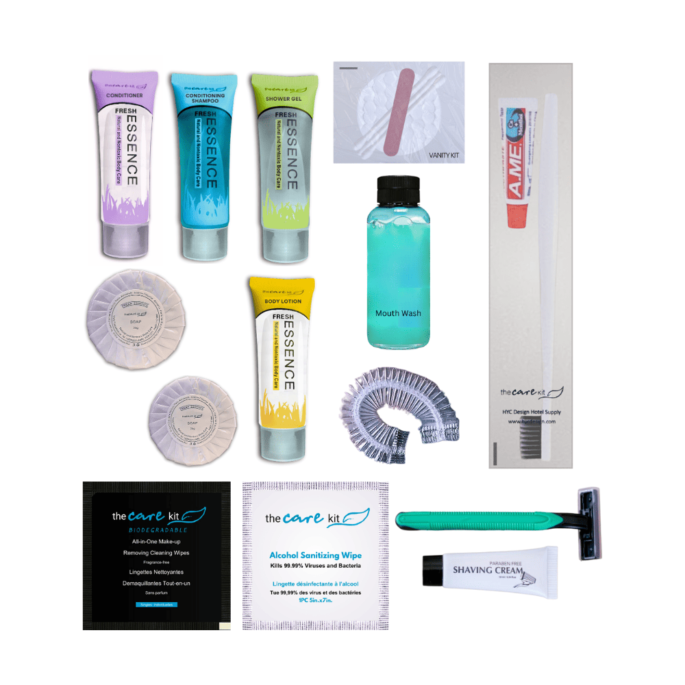 Mini Amenities For Hotels- Combo 13 (14 Pcs) - Includes Conditioner, Conditioning Shampoo, Shower Gel, Body Lotion, Vanity Kit, Toothbrush and Toothpaste, 2 Soaps, Mouth Wash, Shower Cap, All in One Make-up Remover, Alcohol Sanitizing Wipe, Shaver, and Shaving Cream