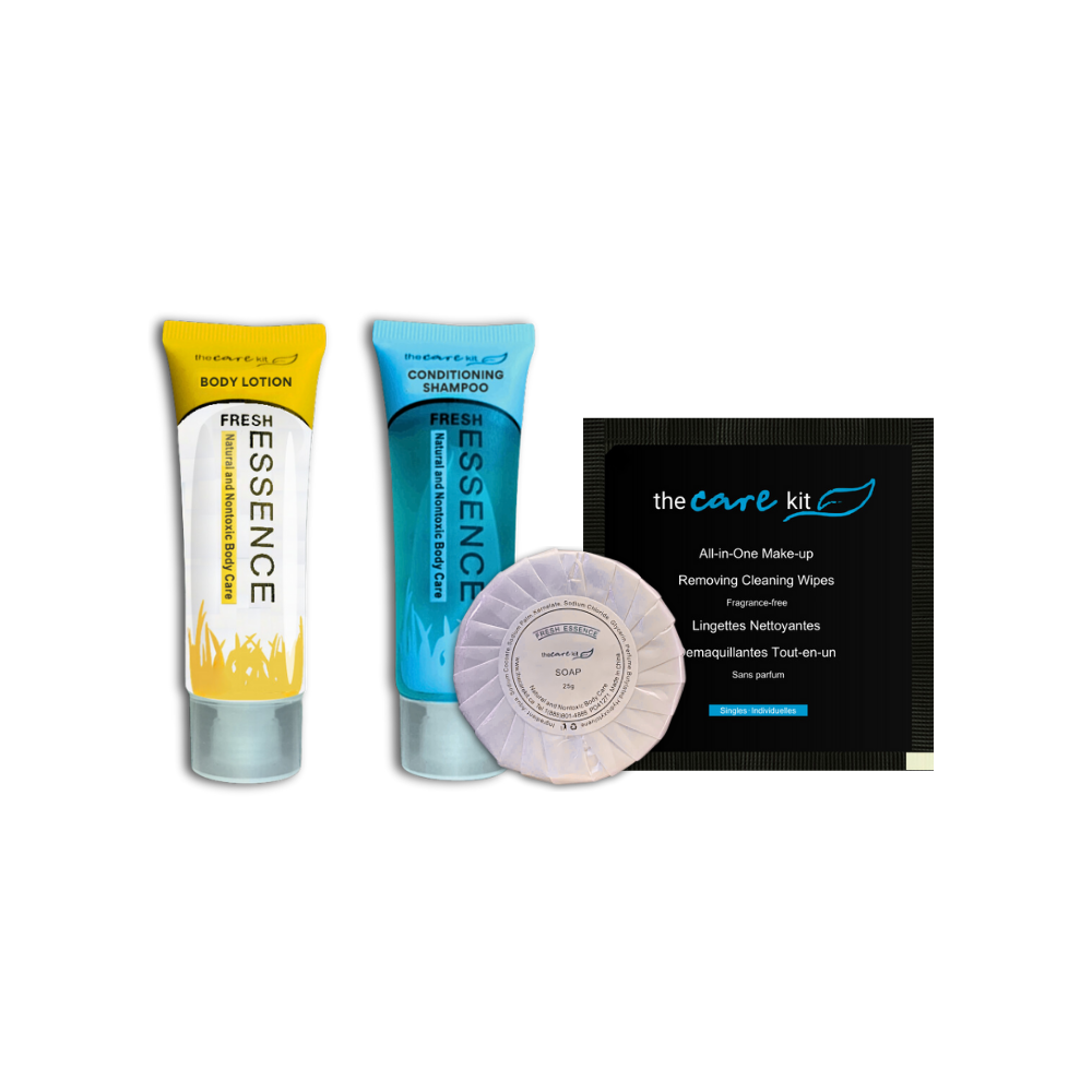 Combo of travel-size - Includes Body Lotion, Conditioning Shampoo, Soap, and Make-up Wipe.