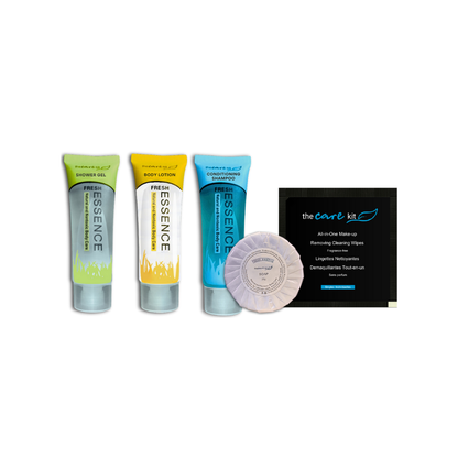 A combo of 5 personal care amenities including shower gel, body lotion, conditioning shampoo, soap and cleaning wipes for removal of the makeup, making it travel friendly.