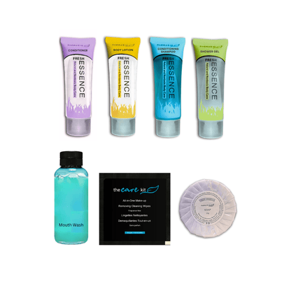 The Care Kit – 7-Pc Travel Pack with shampoo, conditioner, body lotion, shower gel, mouthwash, makeup remover, and soap.