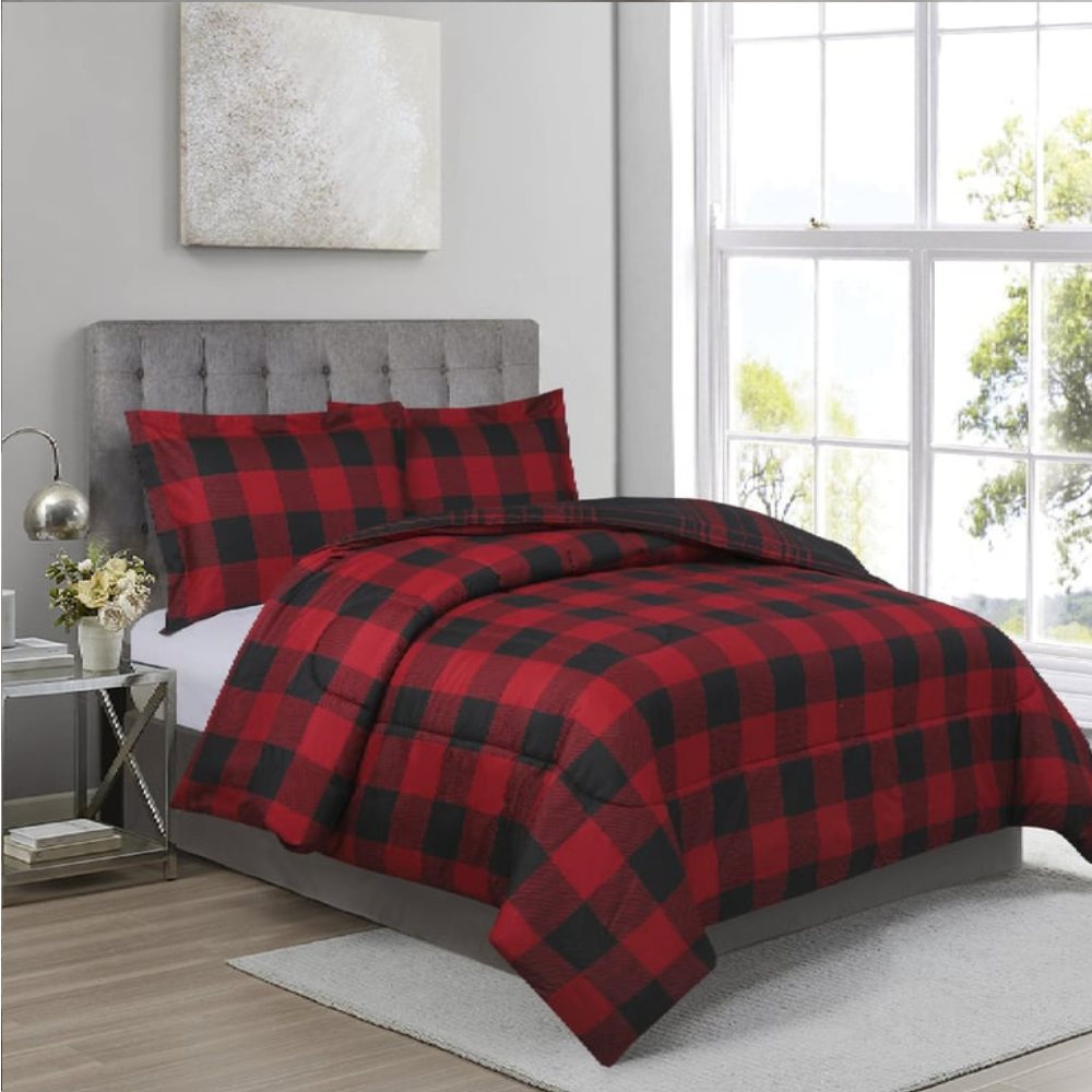 Ultra Soft 3 Pieces Comforter - Buffalo Check Black & Red Reversible