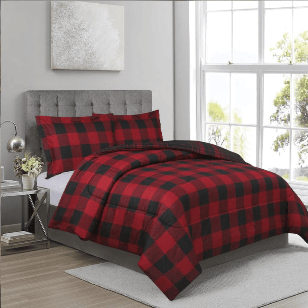 Ultra Soft 3 Pieces Comforter - Buffalo Check Black & Red Reversible Cooling comforter with temperature-controlled technology, crafted for twin and queen beds in Airbnb rentals or upscale hotels