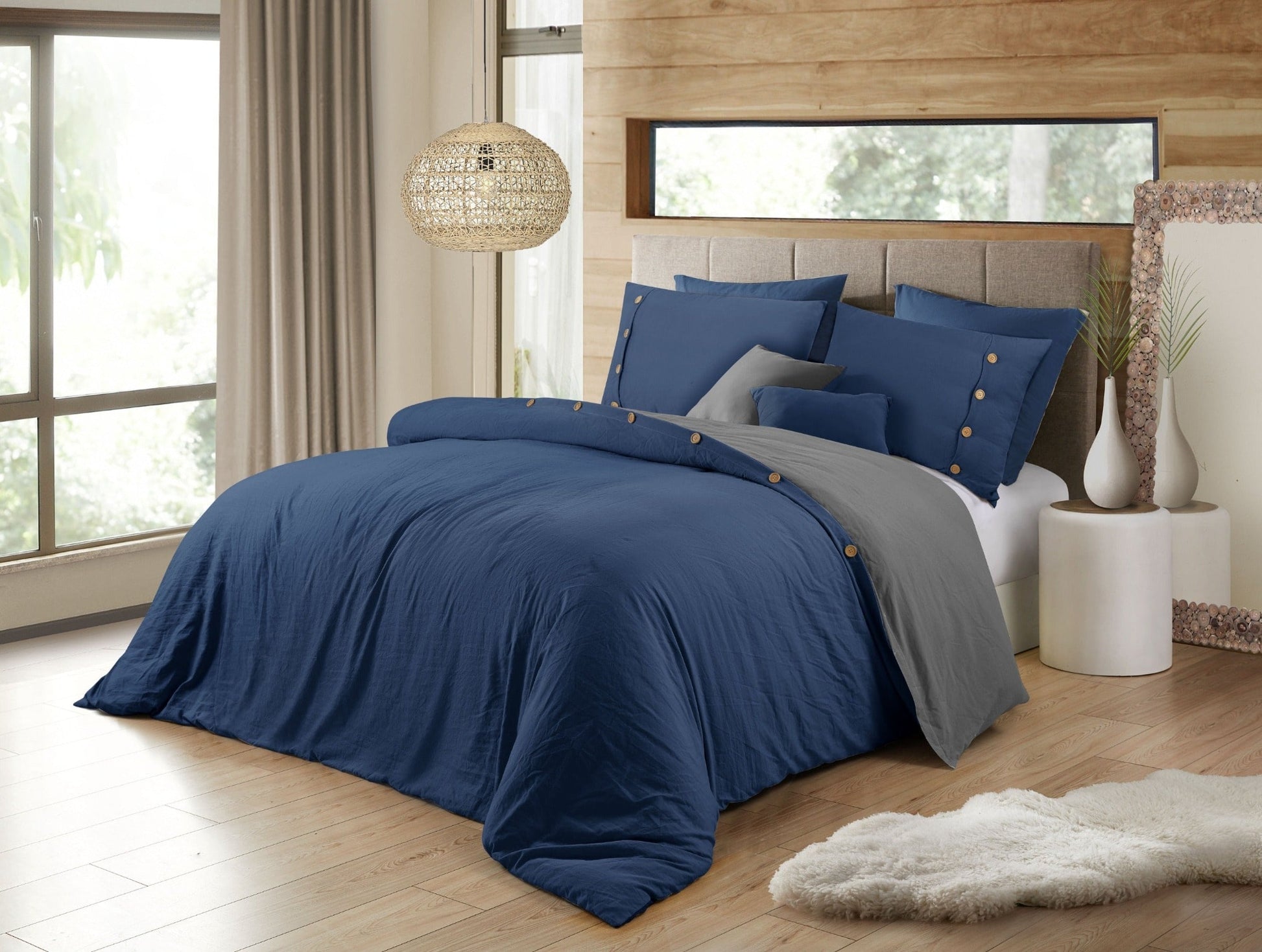 Solid Color Bedding Reversible Duvet Cover Set - Navy