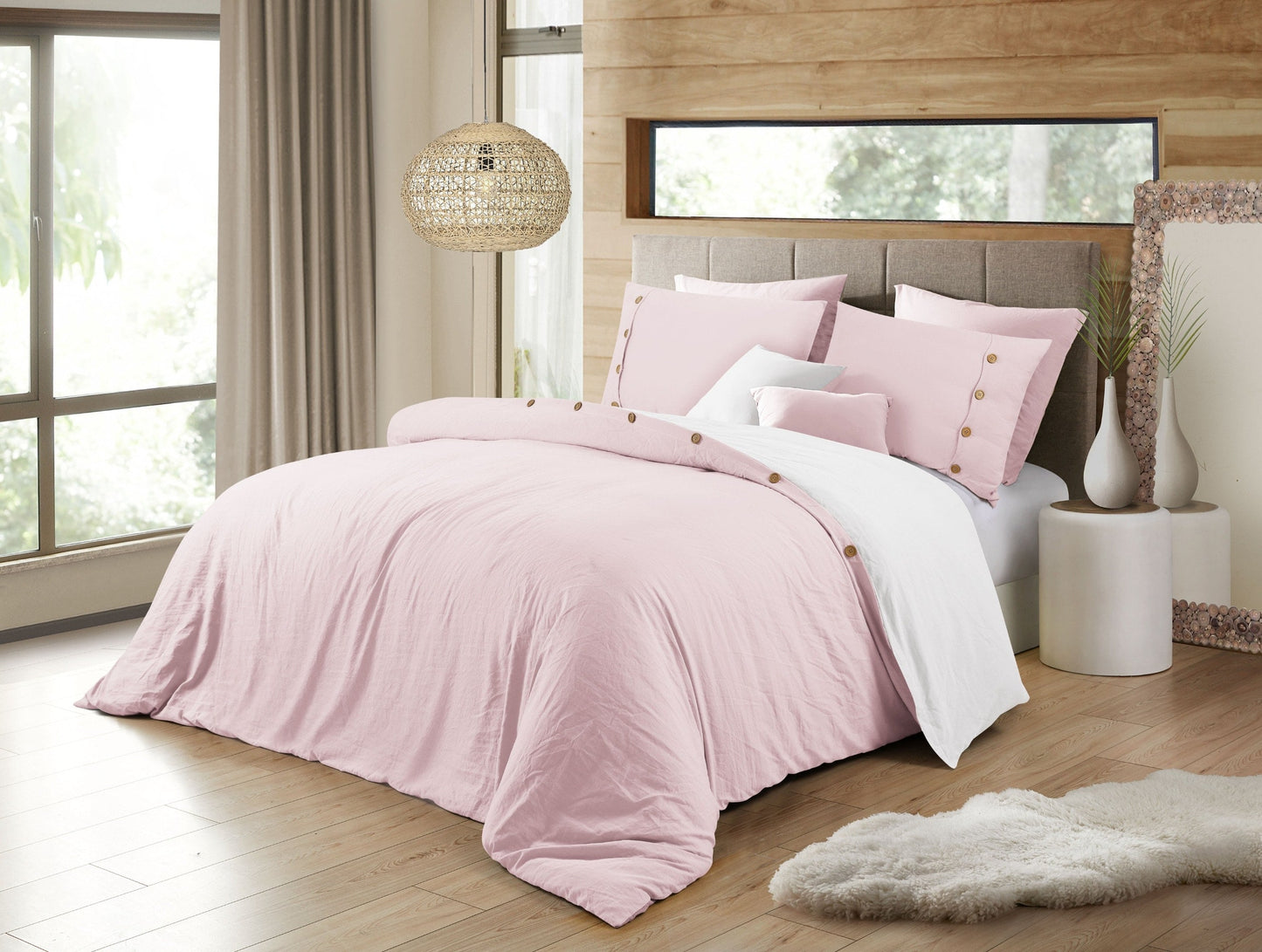 Solid Color Bedding Reversible Duvet Cover Set - Pink