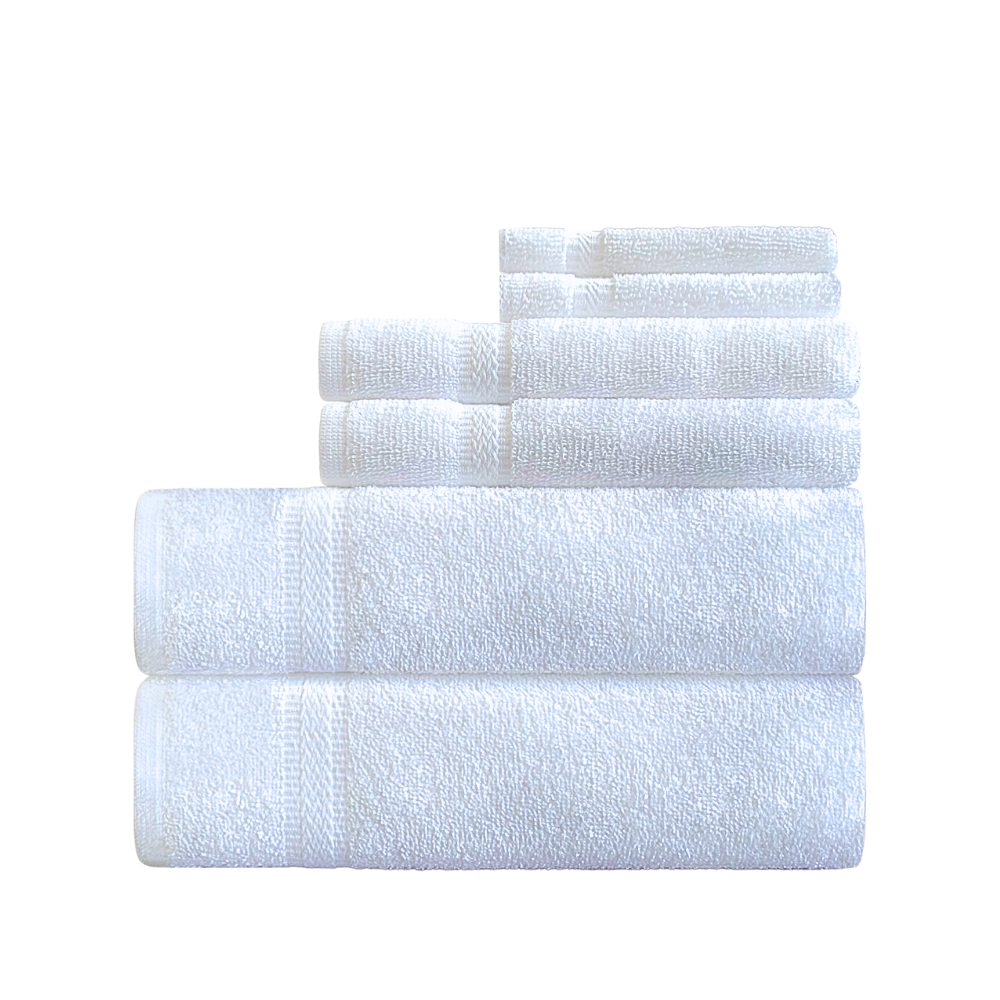 2 sets of 3 different towels in a white background