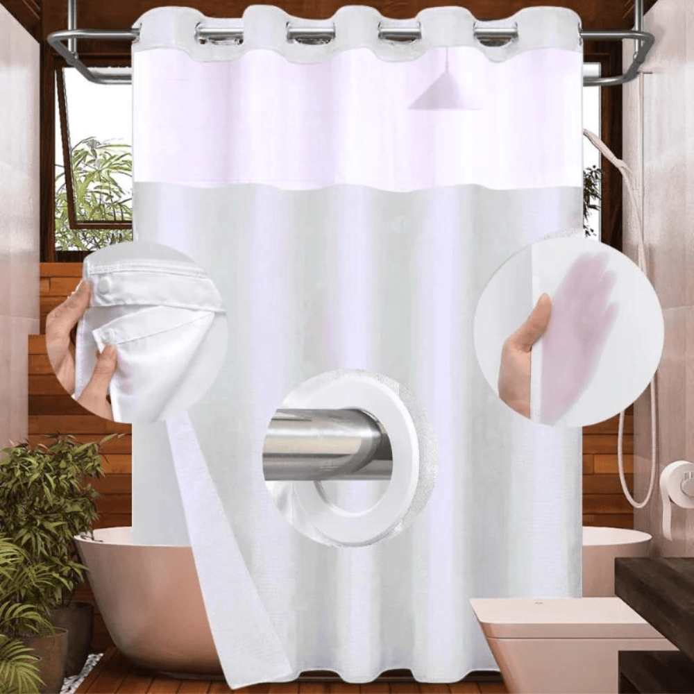 Hook Less Shower Curtain 2 Piece with Translucent Window & Snap-On Liner / Solid White