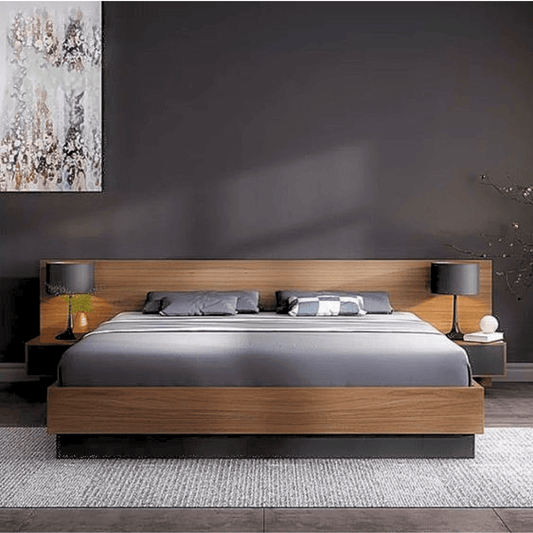 Modern Bed with Storage Wooden Frame and Bedside Tables