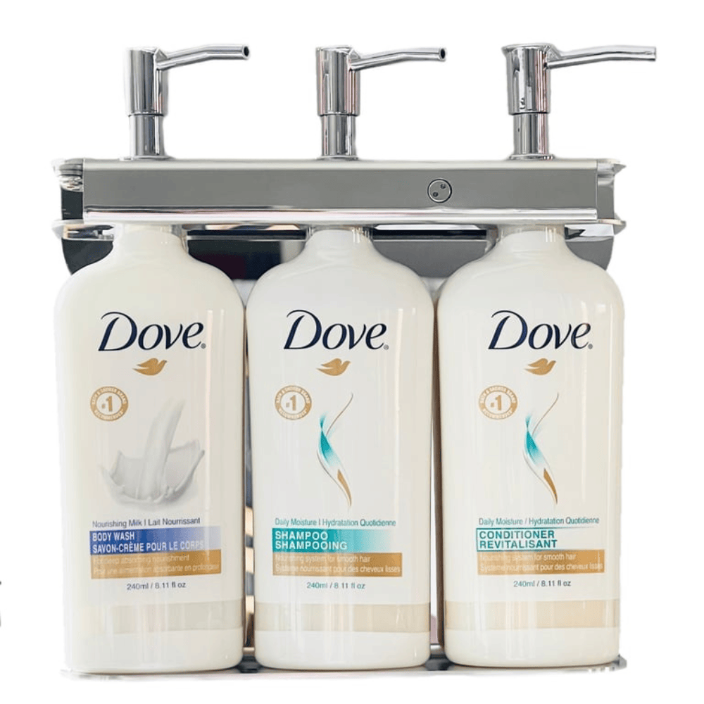 Triple Hotel Liquid Dispenser dove shampoo, conditioner and body wash on a liquid amenities holder