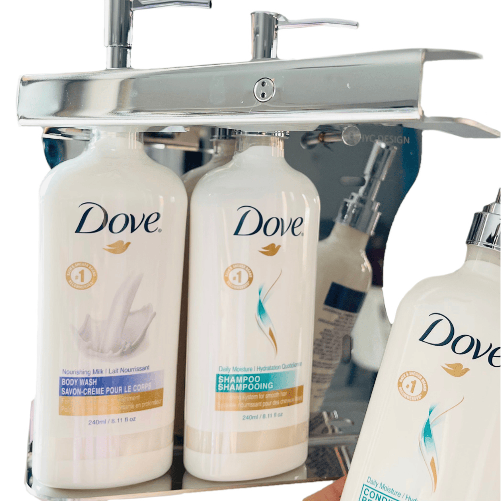 Stainless Steel Soap Dispenser Dove body wash, conditioner and shampoo in a liquid amenities holder