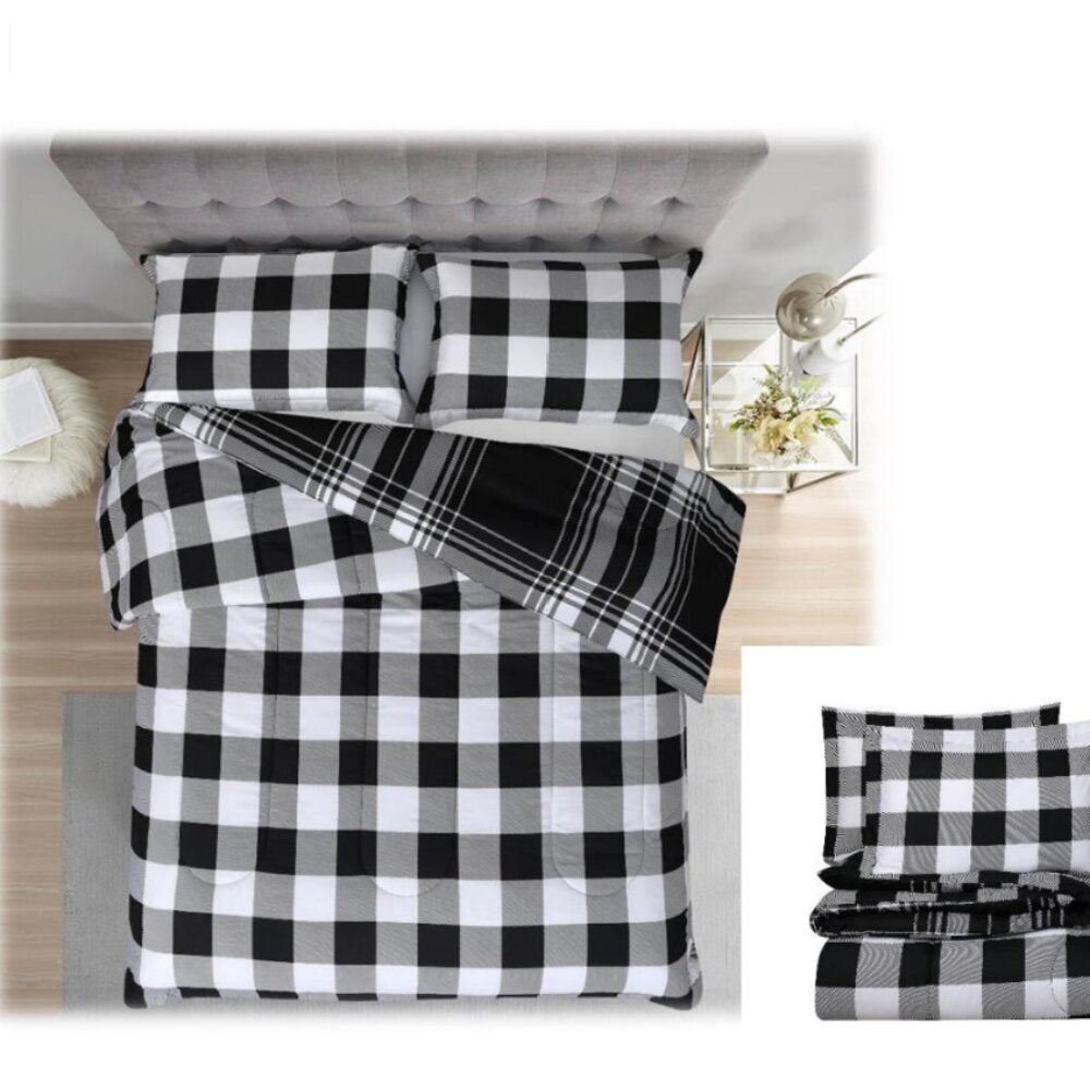 Ultra Soft 3 Pieces Comforter - Buffalo Check Black & White Reversible duvet with anti-allergy filling, combining essential warmth and lightweight comfort for dorm rooms or budget-friendly hotels