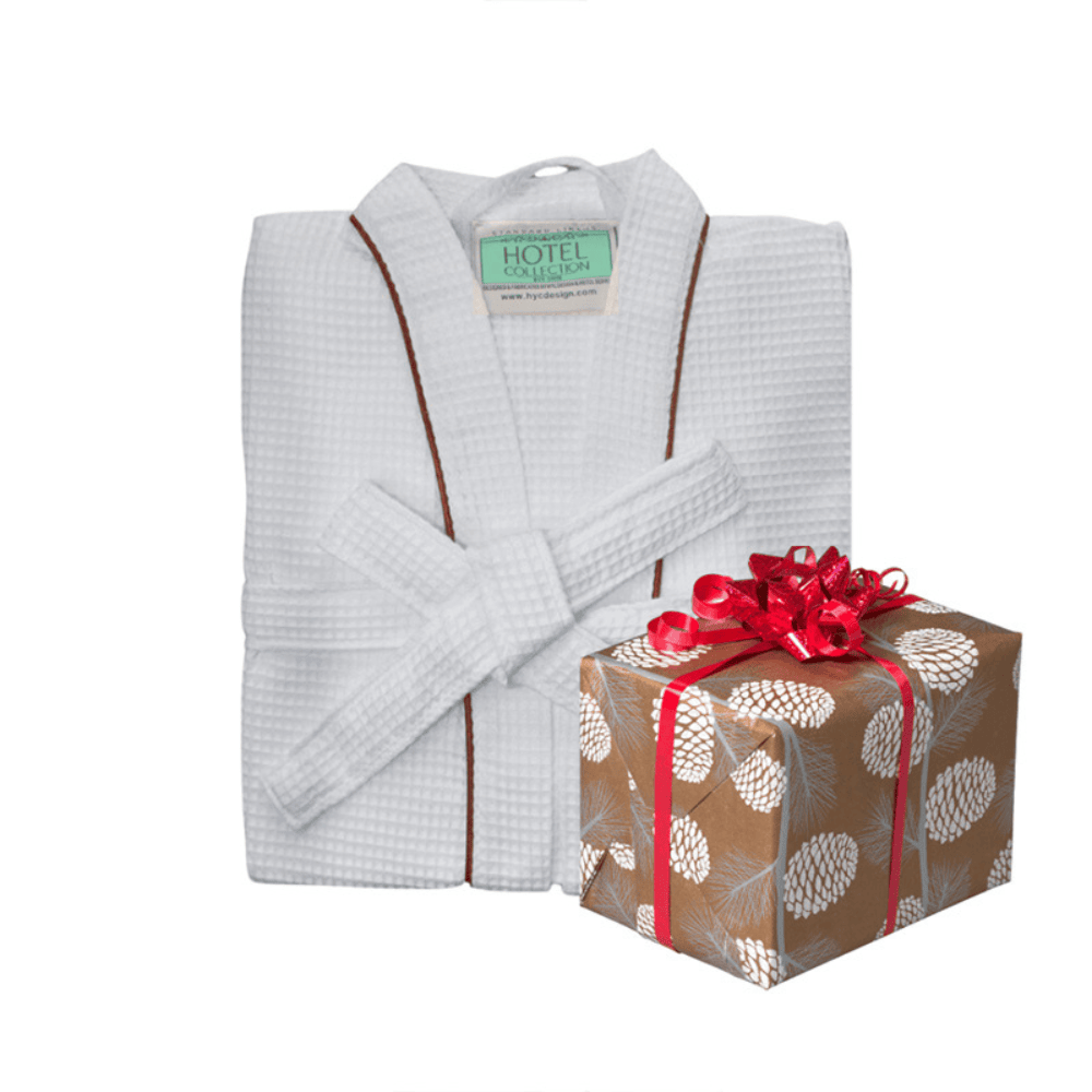 Waffle Kimono Bathrobe with brown stripe and packaging gift