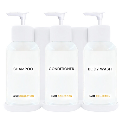 Triple Plastic Amenity Holder White- Shampoo, Conditioner, and Body Wash (liquid included)