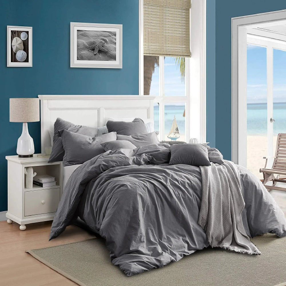 3 Pieces Set Prewashed Cotton Duvet Cover Set - Dark Grey