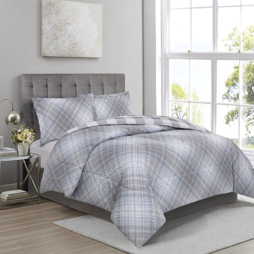 Bedding 3 Pieces Comforter Set, Soft Microfiber - Bias Plaid Alloy Success Queen-size temperature-controlled comforter featuring orthopedic support and essential warmth, ideal for luxury and affordability