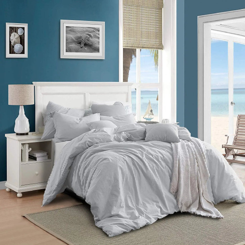 3 Pieces Set Prewashed Cotton Duvet Cover Set - Light Blue